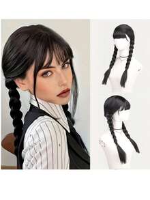 Black Straight Wig With Bangs - High Temperature Resistant Synthetic Wig, Braided Wig Whole Piece, Suitable For Cosplay, Halloween And Daily Wear - Black - View 2