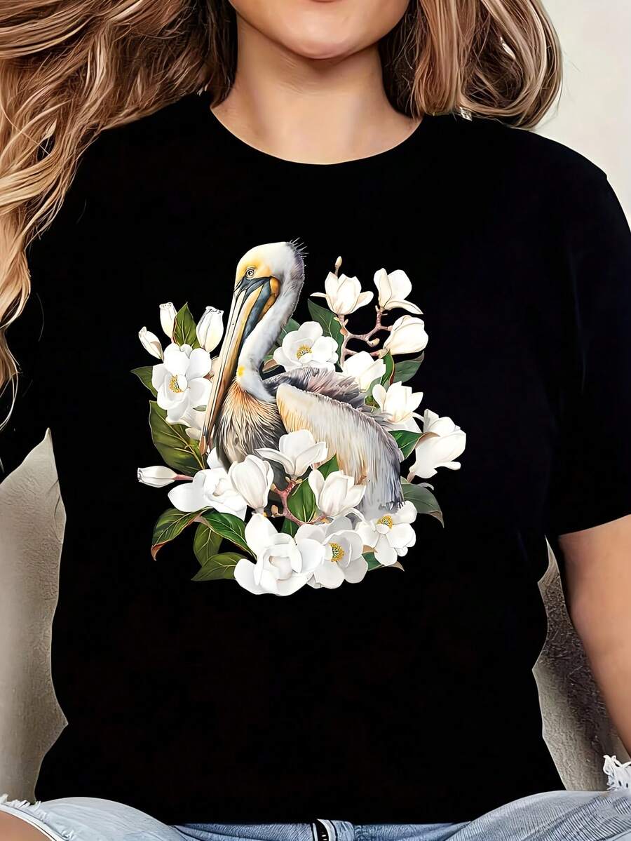 Vintage Cottagecore Floral Pelican Bird Flowers Cute Pelican 1 Pcs Women's Plus Size T-Shirt Funny Oversized Graphic Short Sleeve Tee Novelty 100% Polyester Shirt Casual Crew Neck Top 220g - 黑色 - 查看 1