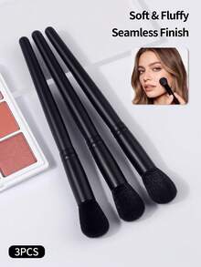 3pcs Blush Brushes, Soft Fiber Hair Portable Travel Makeup Brushes, Foundation Brush, Concealer Brush, Powder Brush, Contour Brush, Highlighter Brush, Blush Makeup Tools - Black - View 3