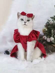 一套公主风可爱时尚蝴蝶结连衣裙套装，方便穿脱的狗狗衣服，节日版 - 紅色 - 查看 9