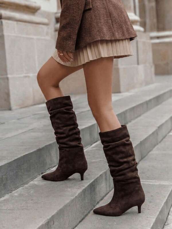Women's Pleated Tall Stiletto Boots - Elegant And Comfortable Choice For Winter