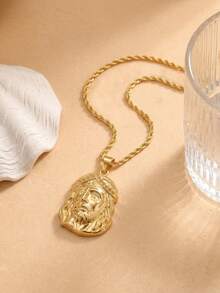 1pc Jesus Head Pendant Necklace, Braided Chain Design, Hip Hop Style - Gold - View 5