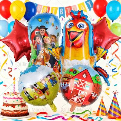 Set de 6 globos con temática de granja, que incluye globos de aluminio con forma de pollo, globos de aluminio redondos, globos de estrella roja, adecuados para decoración de fiesta de cumpleaños, decoración de vacaciones, globos de cumpleaños, decoración de fiesta temática, decoración de baby shower, regalo sorpresa para hijo o hija
