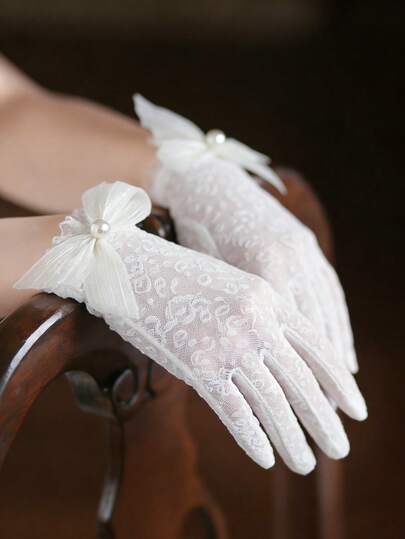 1 Pair Of White Leopard Print Lace Bridal Gloves, Pearl Bow Decor Lace Gloves For Women 1920s Sunblock, For Wedding,Opera Tea Party