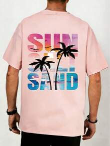 New Men's Letter & Palm Tree Print Short Sleeve T-Shirt, Beach Vacation Style - Pink - View 2