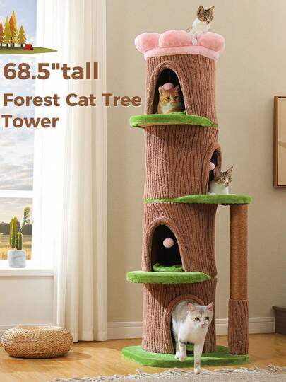PAWZ Road 68.5"H Tree Stump Forest Cat Tree Tower With 4 Condos,  Cat Tower With Flower Top Bed & Thick Scratching Post (φ3.8in) – Large Heavy Duty Tree That Looks Like A Tree For Indoor & Multi-Cat Households