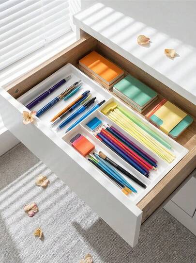 Verstellbarer Schubladenorganizer - Kunststoff-Aufbewahrungsbox mit mehreren Fächern und blauen Griffen, vielseitiger Organizer für Stifte, Make-up-Pinsel, Löffel, Gabeln, leicht zu bewegen und zugänglich, perfekt für Schreibtisch und Schubladenaufbewahrung Zuhause, ideal für Küche, Büro, Schlafzimmer und Badezimmer Organisation, platzsparende Lösung für alltägliche Essentials, Wohnaccessoire für Herbst- und Winteraufräumen, ein Muss als Geschenkidee und für saisonale Auffrischung des Zuhauses.