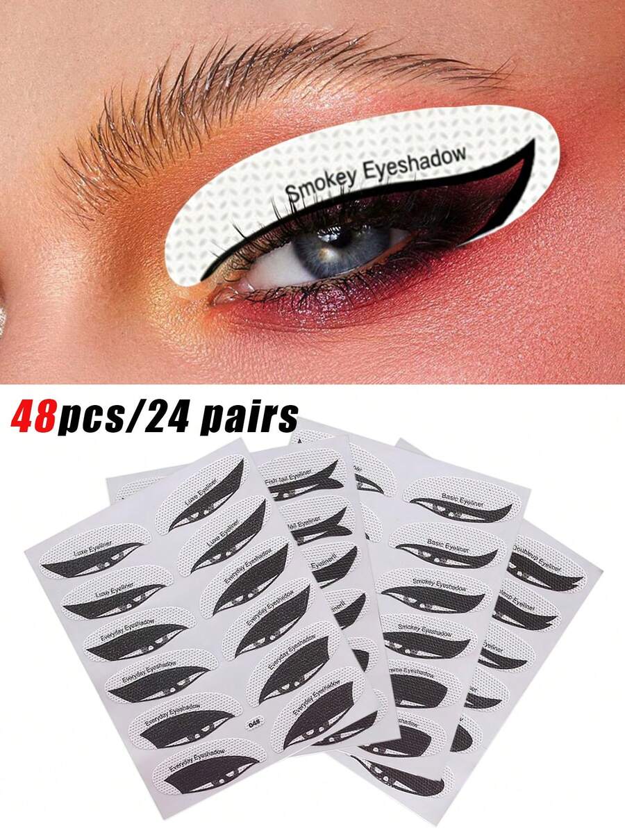 全新48件套专业眼线眼影模板套装，包含24对眼妆模板、眉形模板、无纺布眼影化妆贴纸，8种不同设计的西式眼线眉形模板，眼线辅助化妆工具，猫眼线辅助贴纸，狐狸眼妆模板，眼线模板贴纸。