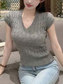 新款春夏休闲V领扭结修身灰色针织短袖上衣 - 花灰色 - 查看 7