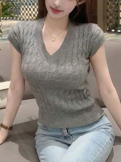 新款春夏休闲V领扭结修身灰色针织短袖上衣
