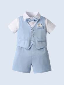 BOARNSEORL 3 件套年轻男孩绅士服装 - 短袖衬衫配领结、蓝色短裤和背心，优雅时尚，适合生日派对、婚礼、周年纪念、洗礼 - 淺藍色 - 查看 3