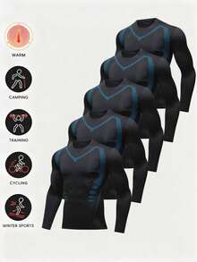 5-Pack Men's Long Sleeve Compression Shirts, Quick Dry Breathable Workout Tops, Tech Striped Athletic Tees With Boyfriend Style For Gym, Running, Sports & Casual Wear - Black - View 15