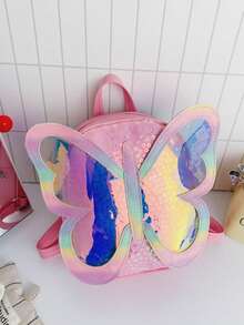 Laser Butterfly Girl Backpack, Glitter Sequin Mini Backpack, Lightweight Cute Schoolbag - Pink - View 11