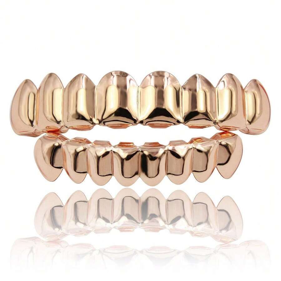 Hip Hop Style Gold Teeth Grills With Upper 8 Lower 8 Teeth Design, A Black/Gold Shiny Dental Brace Accessory Featuring Smooth Surface & Full Mouth Coverage, Perfect For Daily Casual Wear, Style & Fashion Statements - 金西裝 - 查看 1