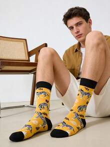 1双男士黄黑斑马纹和植物图案中筒袜，适合日常穿着，四季皆宜。 - 彩色 - 查看 6