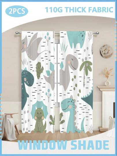 2PCS 110G Cute Cartoon Dinosaur Rod Curtain Blackout Curtains Outdoor Indoor Curtains Room Darkening Window Drapes Thermal Insulated For Bedroom Living Room For Balcony Easy To Hang Modern Style 100% Polyester