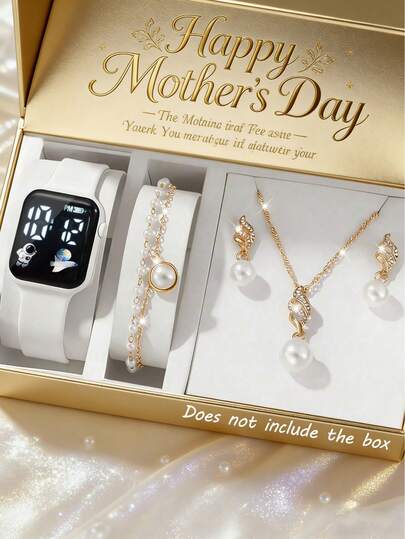 5/1 Piece. This Stylish, Simple, Elegant And Adorable Square Electronic Digital Watch Set Is Specially Designed For Girls. It Comes With A Luxurious Set Of Pearl Jewelry, Including A Necklace, Bracelet And Earrings. It Is Perfect For Wearing At Parties, Trips And Other Occasions To Check The Time, And Is Also An Excellent Gift To Give To Mom/Friends On Mother's Day, Back-To-School Season, Easter, And Wedding Season.