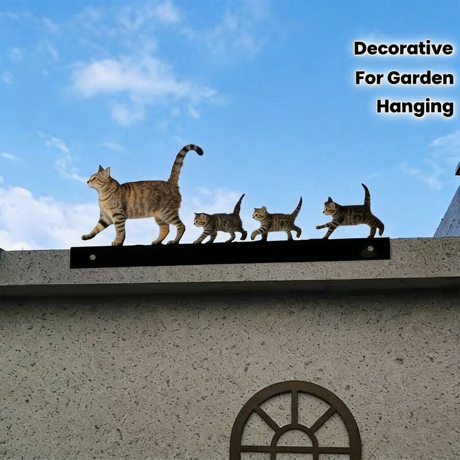 Metal Cat Family Hanging Decor - Elegant Walking Mother Cat And Kittens, Outdoor Garden Fence, Balcony Decoration - No Electricity Needed, Easy Installation Gift For Cat Lovers - A - View 1