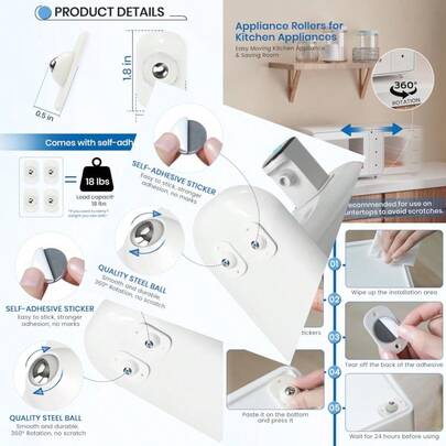 TRVL FIELDER Self Adhesive Caster Wheels Appliance Rollers Appliance Slider For Kitchen 360° Swivel Small Casters - Soe Coffee Maker Air Fryer Small Appliances Countertop Sliding White - 16 Pcs