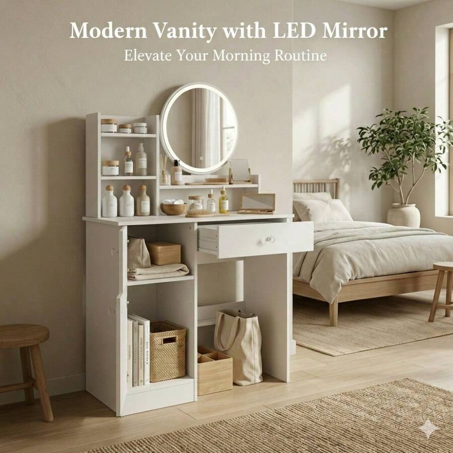 White Vanity Desk With LED Light Mirror, Makeup Table With Drawer & Storage Shelves, Multifunctional Bedroom Dresser, Perfect Gift For Women & Girls