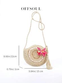 French Vacation Style Floral Straw Bag, Women's Summer Beach Bag, Hollow Shell Half-Round Handmade Woven Bag, Bohemian Tassel Shoulder Bag - Beige - View 6