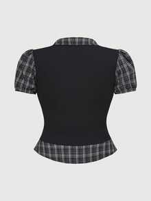 Blusa/camisa de mujer de talla grande con estampado de cuadros vintage y estilo gótico, para el regreso a clases, en color negro para el verano - Negro - Ver 2
