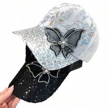 Women's Sequin Sun Hat, Summer Mesh Rhinestone Butterfly Baseball Cap, Fashionable Sun Protection Hat - Breathable Butterfly - View 5