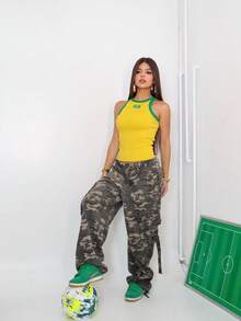 Brazil Women's Tank Top With Embroidered Flag, Ribbed Knit, World Cup Design - 黃色 - 查看 4