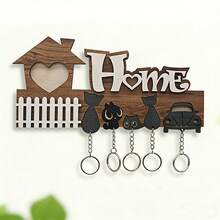 Perchero de llaves de estilo moderno con 4 ganchos de madera - Organizador de llaves de pared decorativo para el hogar - Fácil instalación, obra de arte hecha a mano - Patrón de pareja y gato - Multicolor - Ver 3