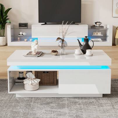 Modern Sofa Table With LED Lighting, Dimensions 100*50*40.3 Cm: Elegant Table With Drawers, Load Capacity Of 50 Kg.