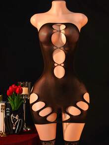 两件套女士性感内衣套装，性感抹胸睡裙和及膝袜，镂空透视无袖，性感修身比基尼罩衫，性感派对角色扮演服装，情人节 - 黑色 - 查看 2