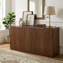 Large Capacity Fluted Sideboard Buffet, Engineered Wood Storage Cabinet With Gold Metal Handles, 4-Compartment Organizer For Dining Room Living Room Small Apartment, Easy Assembly Mid-Century Style - 核桃 - 查看 4