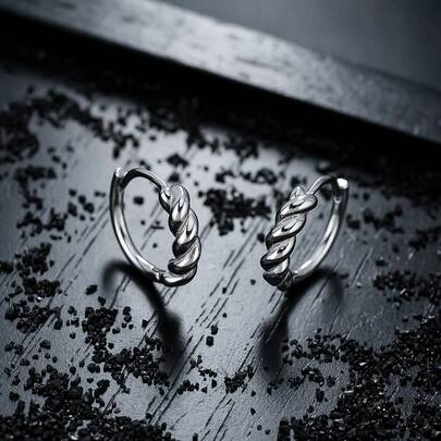 1对铜质男士日常通勤耳环，编织百搭设计圈形耳环