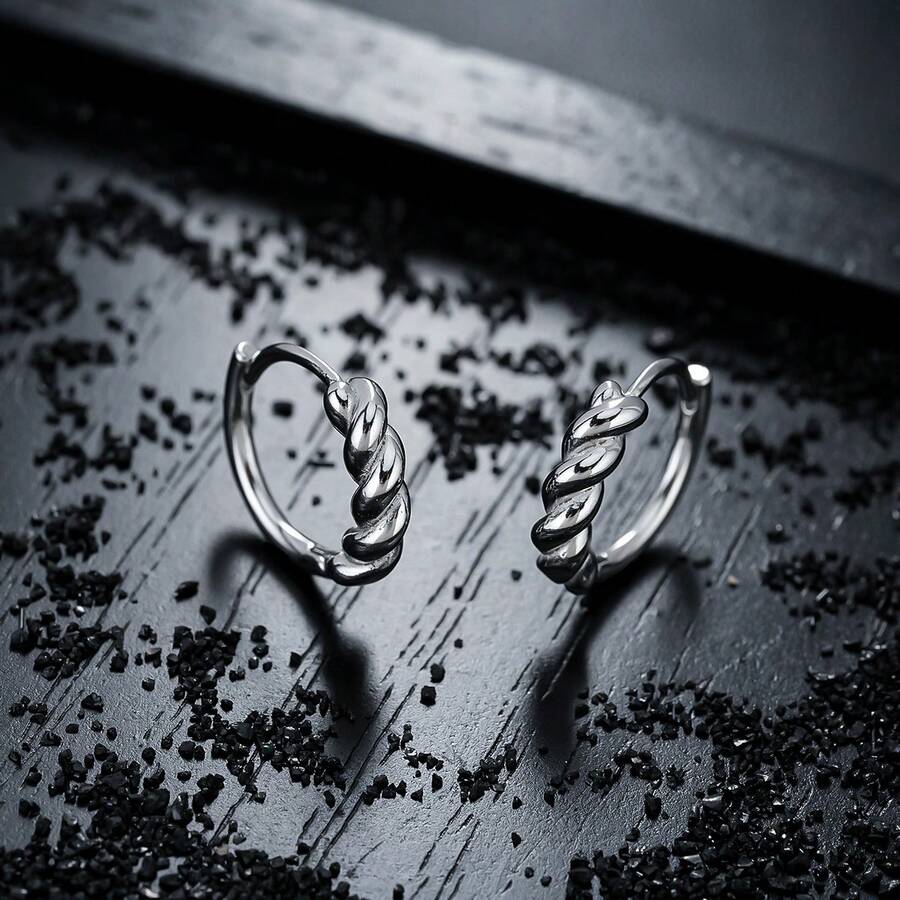 1对铜质男士日常通勤耳环，编织百搭设计圈形耳环 - 銀色 - 查看 1