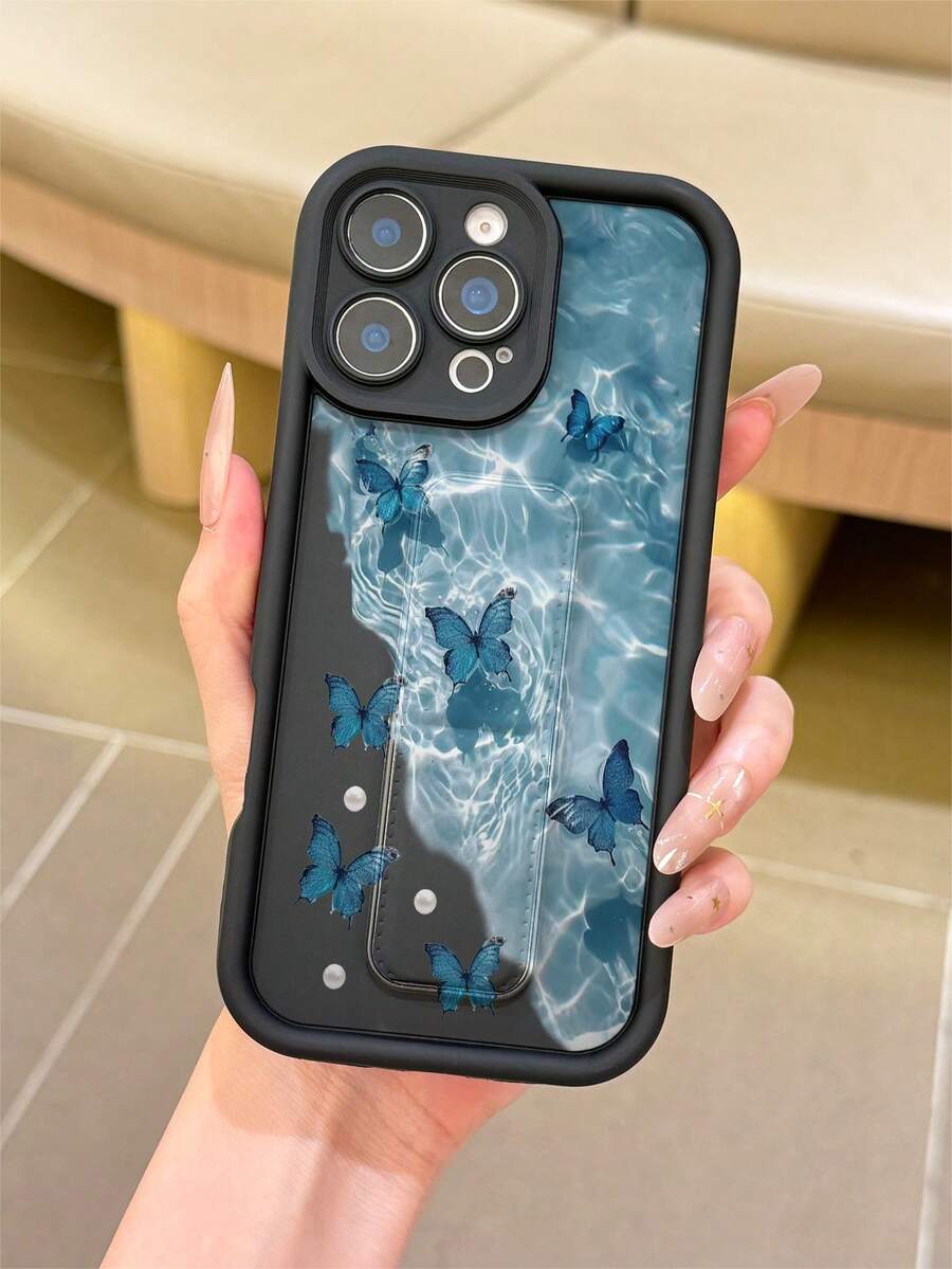 1pc Matte Thick Anti-Drop TPU Phone Case With Foldable Kickstand, UV Printed Coastal Blue Butterfly Pattern, Compatible With IPhone 7/8/7 Plus/8 Plus/X/XS/XR/XS Max/11/11 Pro/11 Pro Max/12/12 Pro/12 Pro Max/12 Mini/13/13 Pro/13 Pro Max/14/14 Pro/14 Pro Max/14 Plus/15/15 Pro/15 Pro Max/15 Plus/16/16 Pro/16 Pro Max/16 Plus/17/17 Pro/17 Pro Max/Air - Multicolor - View 1