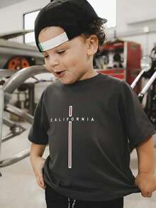 男童休闲印花圆领短袖T恤，夏季上衣 - 深灰色 - 查看 1