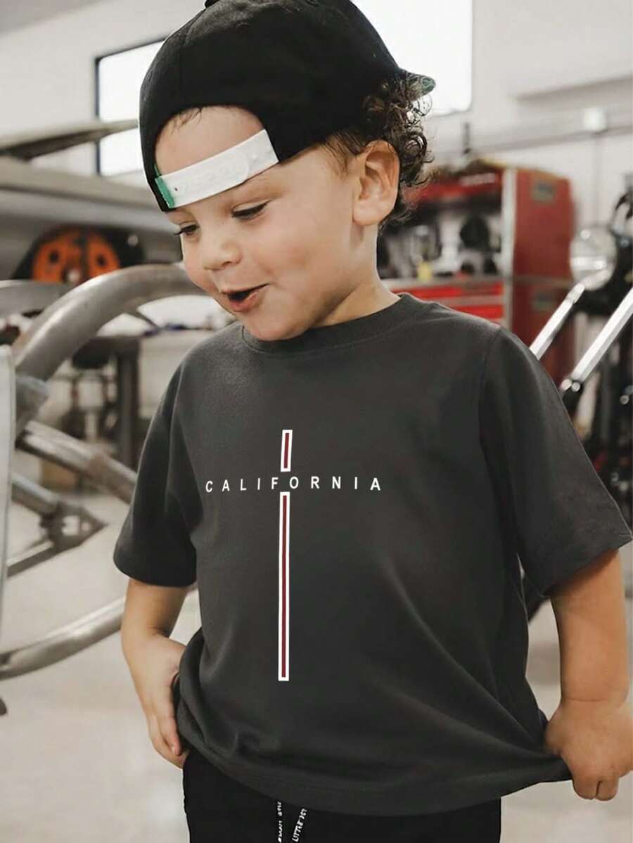 男童休闲印花圆领短袖T恤，夏季上衣 - 深灰色 - 查看 1