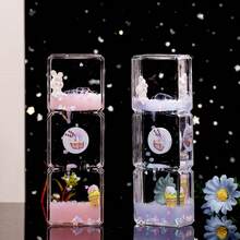 1pc Creative Sakura Rabbit Transparent Liquid Filled Desk Decor, Made Of High Transparency Acrylic, 3-Layer Cube Design With Cute Elements Like Sakura, Rabbit, Ice Cream, Gradient Color Liquid Slowly Flowing, Noiseless Multi-Color Options, Serves As Both Timer And Desktop Ornament, Ideal For Teenagers, Students, Office Workers, Decor Enthusiasts, Stress Relief Toy Collectors - Multicolor - View 3