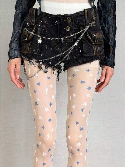 1 Pair - Blue & White Star Jacquard Stockings, Women's Ultra-Thin Summer Pantyhose, Slimming Leg Shaping JK Style Base Socks, Sweet White