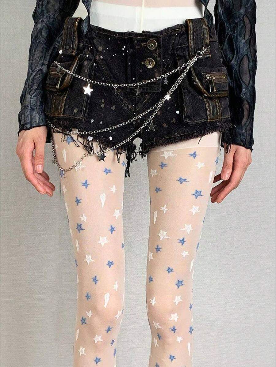 1双 - 蓝白星形提花丝袜，女士超薄夏季连裤袜，修身塑形JK款基础袜，甜美白色 - 彩色 - 查看 1