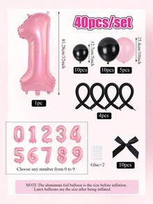 40pcs/Set Black & Pink Number Balloon Set, Includes 32-Inch 0-9 Candy Pink Numbers, Black & Pink Latex Balloons, Black Satin Ribbon Bows, Suitable For Birthday Party, Bow Party, Pink Theme Party, Princess Birthday Party Decor, Wedding Anniversary - Multicolor - View 2