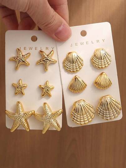 6-12件套时尚贝壳、海星和几何金属耳环套装，优雅女士珠宝配饰，适合日常佩戴