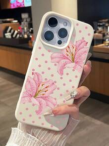 Ins Style Pink Lily Flower With Fine Pink Polka Dots, High-Quality Matte White Leather Texture Shockproof Anti-Scratch Non-Slip Phone Case, Compatible With IPhone & Galaxy - White - View 2