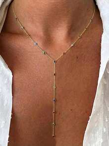 1pc Fashionable Minimalist Gold-Plated Colorful Rhinestone Circular Stainless Steel Y-Shaped Delicate Fine Chain Necklace Accessory - Multicolor - View 4
