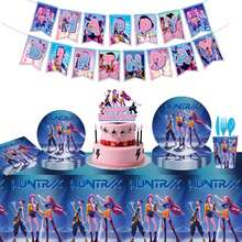1 pieza Decoración de fiesta con tema de ídolo K-POP, Mantel de fiesta con tema de caza de fantasmas de grupos femeninos de K-Pop, Decoración de fiesta de cumpleaños, Mantel desechable de PE, Adecuado para decoración de fiestas de fans de K-Pop, Serie Hunter, Adecuado para reuniones de fans, fiestas de cumpleaños y otras ocasiones para crear una decoración única y alegre - Multicolor - Ver 1