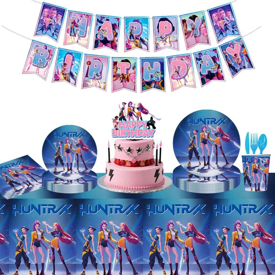 1 pieza Decoración de fiesta con tema de ídolo K-POP, Mantel de fiesta con tema de caza de fantasmas de grupos femeninos de K-Pop, Decoración de fiesta de cumpleaños, Mantel desechable de PE, Adecuado para decoración de fiestas de fans de K-Pop, Serie Hunter, Adecuado para reuniones de fans, fiestas de cumpleaños y otras ocasiones para crear una decoración única y alegre - Multicolor - Ver 1