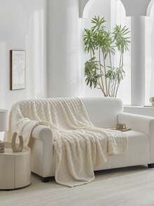 1件奶油色泡泡绒卷边柔软舒适毯，适合卧室和客房使用 - 白色 - 查看 4