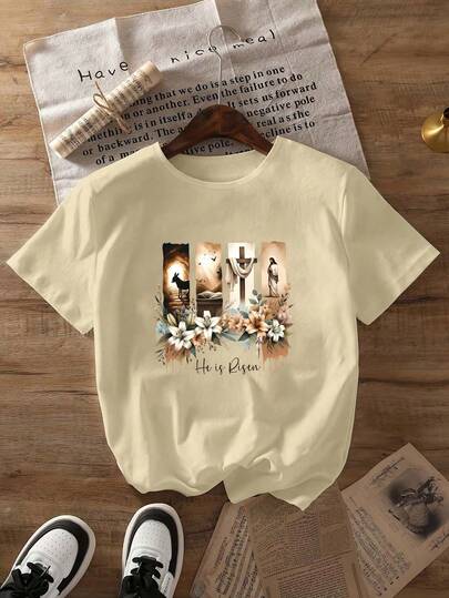 女士休闲复活节驴子、空墓、十字架、复活的耶稣、白百合和绿叶 - 复古插画圆领短袖T恤，适合春、夏、秋季穿着。