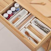 4件套可伸缩抽屉收纳盒，厨房用具收纳盒，适用于碗、筷子、勺子、叉子、刀具、袜子、小物件、化妆品等，适用于桌面和抽屉，容量可调节，多功能收纳方案，是节日礼物、餐具收纳、厨房工具收纳、文具收纳、衣柜收纳的理想之选，适用于家庭、宿舍和办公室，收纳配件，抽屉收纳盒，完美的节日礼物，实用礼物，个性化创意礼物 - 白色 - 查看 1