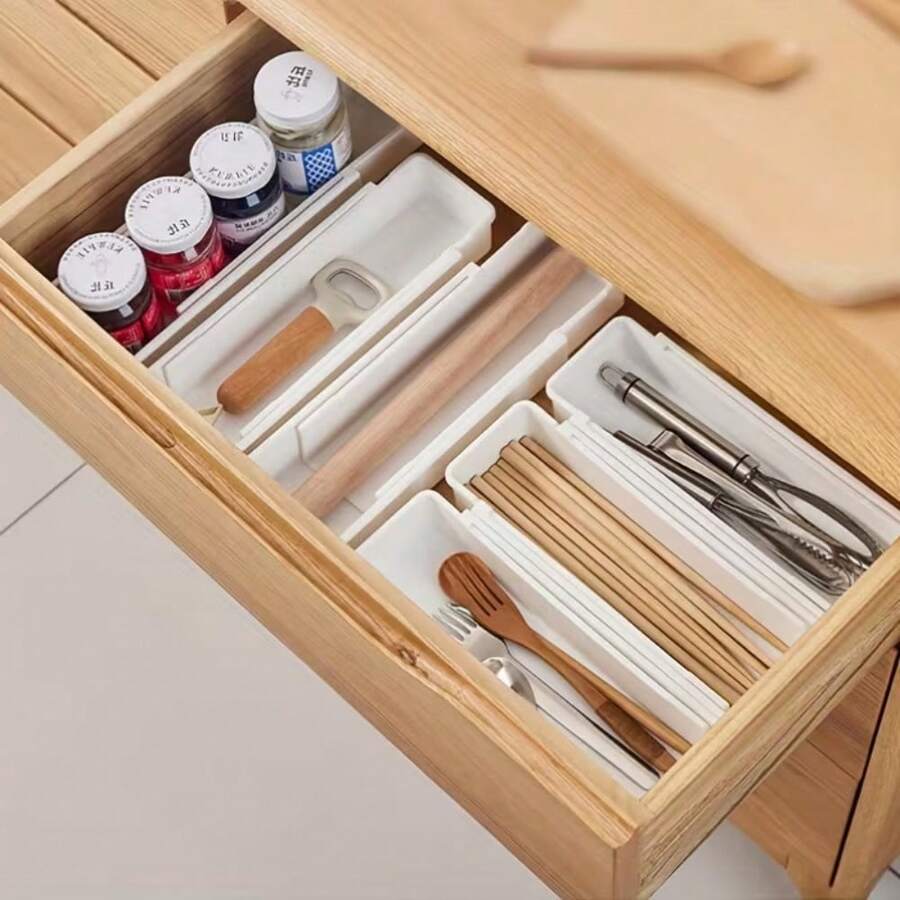 4件套可伸缩抽屉收纳盒，厨房用具收纳盒，适用于碗、筷子、勺子、叉子、刀具、袜子、小物件、化妆品等，适用于桌面和抽屉，容量可调节，多功能收纳方案，是节日礼物、餐具收纳、厨房工具收纳、文具收纳、衣柜收纳的理想之选，适用于家庭、宿舍和办公室，收纳配件，抽屉收纳盒，完美的节日礼物，实用礼物，个性化创意礼物 - 白色 - 查看 1